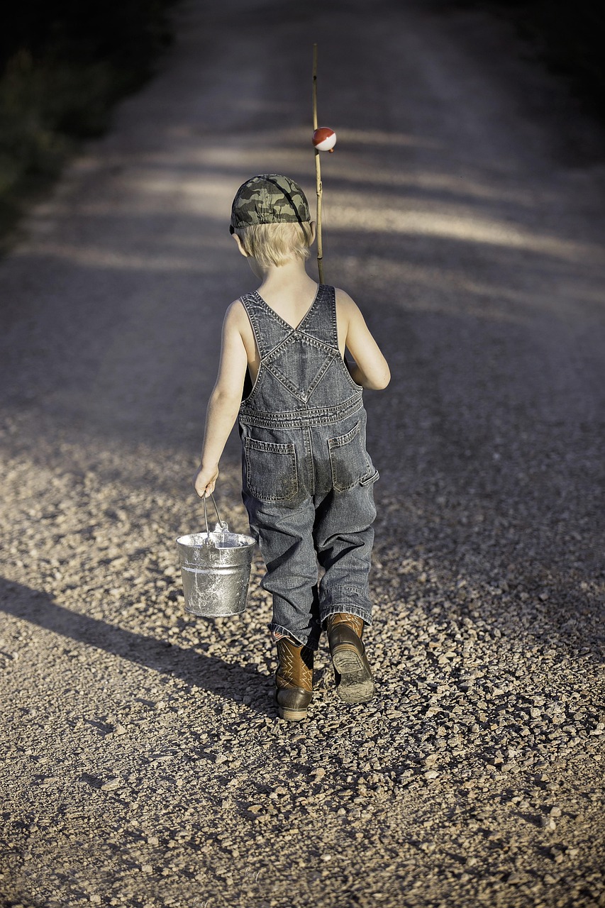 gallery-04 boy, child, fishing rod, bucket, fishing, nature, fisherman, kid, young, small, childhood, walking, summer, adventure, lifestyle, outdoors, back view